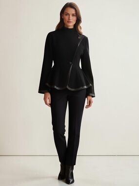 Wool leather trim Black Asymmetrical Peplum Jacket  Bell Sleeve Size S